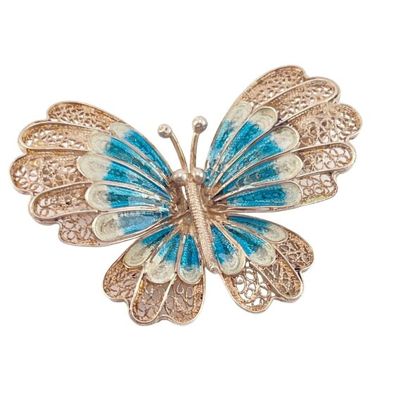 Chinese Export 1970s Blue Enamel Butterfly Pin Brooch Filigree 900 Silver - Picture 8 of 11